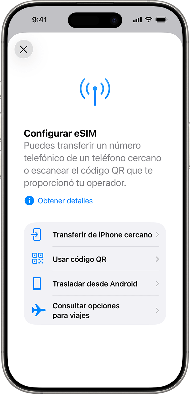 Pantalla de iPhone Configurar eSIM con la opción Usar código QR