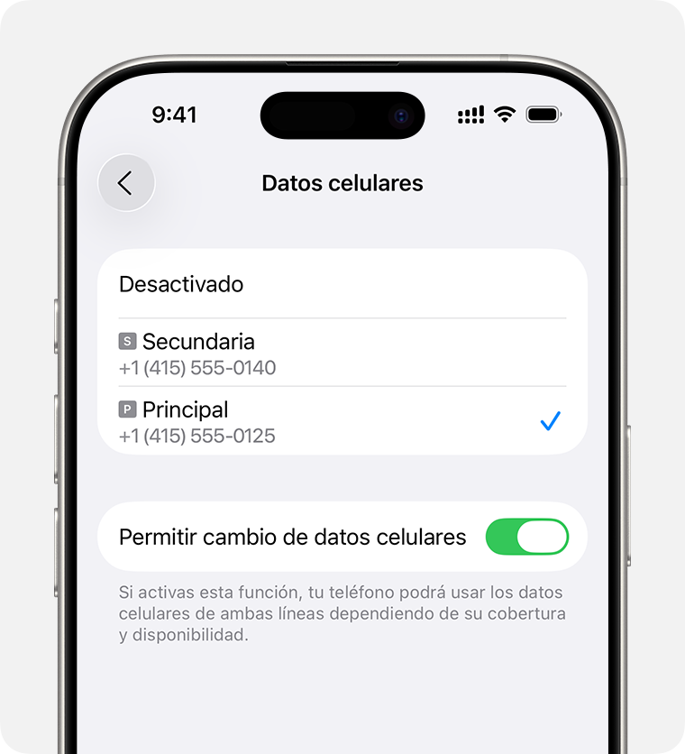 Pantalla de iPhone para elegir la línea de datos celulares